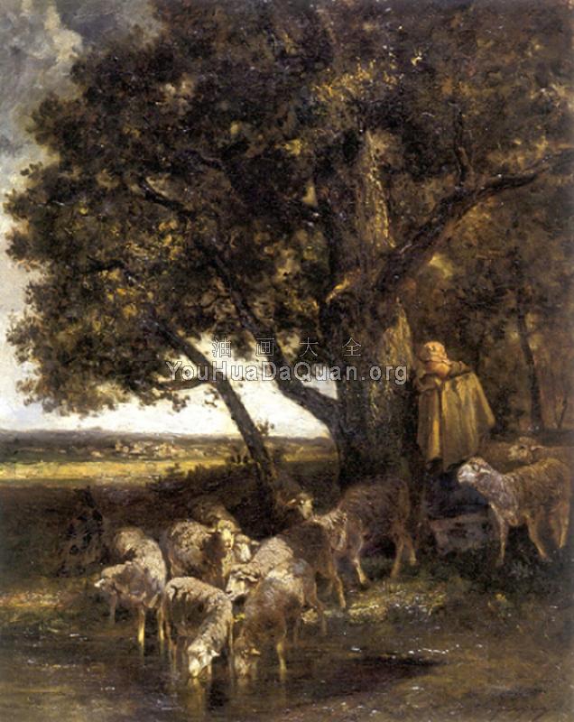 A Shepherdess with Her Flock by a Pool - 埃米尔·查尔斯·雅克
